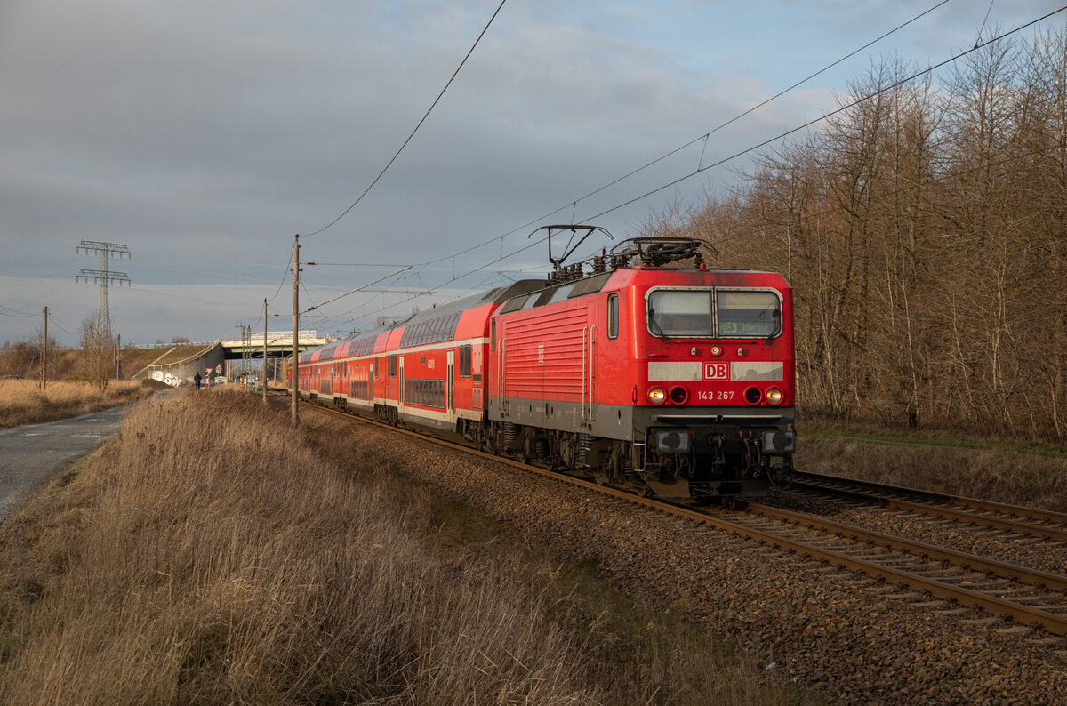 143 267 am 19.01.2023 mit dem RE3 93013 Stralsund - Eberswalde in Teschenhagen.

