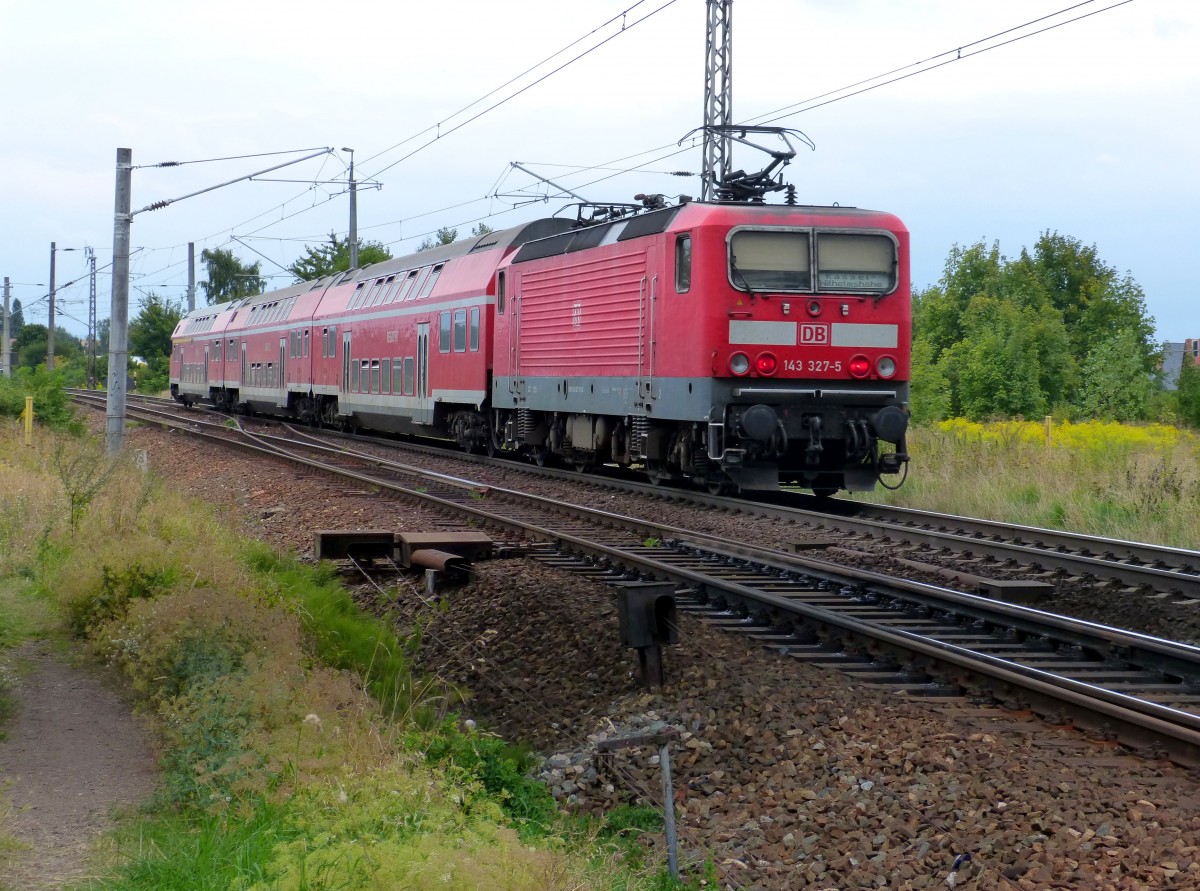 143 327-5 schiebt den Regionalexpress Richtung Kassel Wilhelmshhe aus dem Bahnhof Nordhausen 31.08.2013
