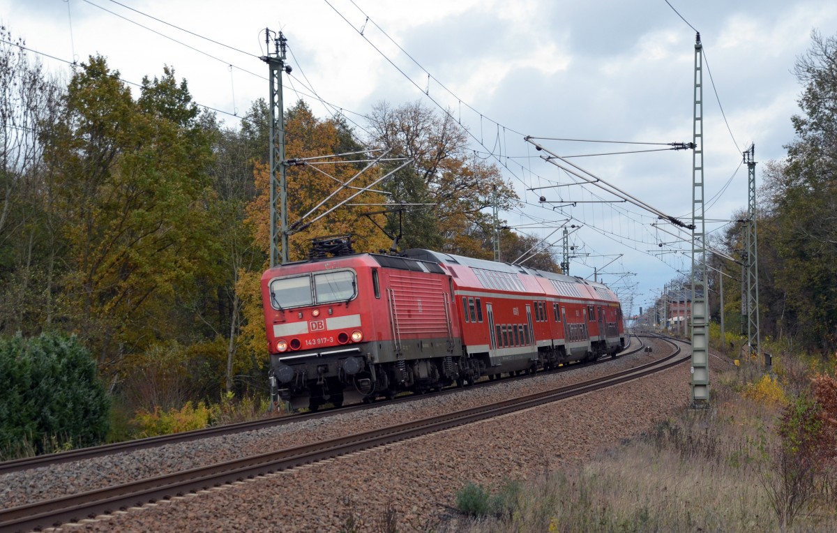 143 917 hat mit ihrer RB am 10.11.13 den Bahnhof Burgkemnitz verlassen und fhrt ihre RB nun weiter nach Leipzig.