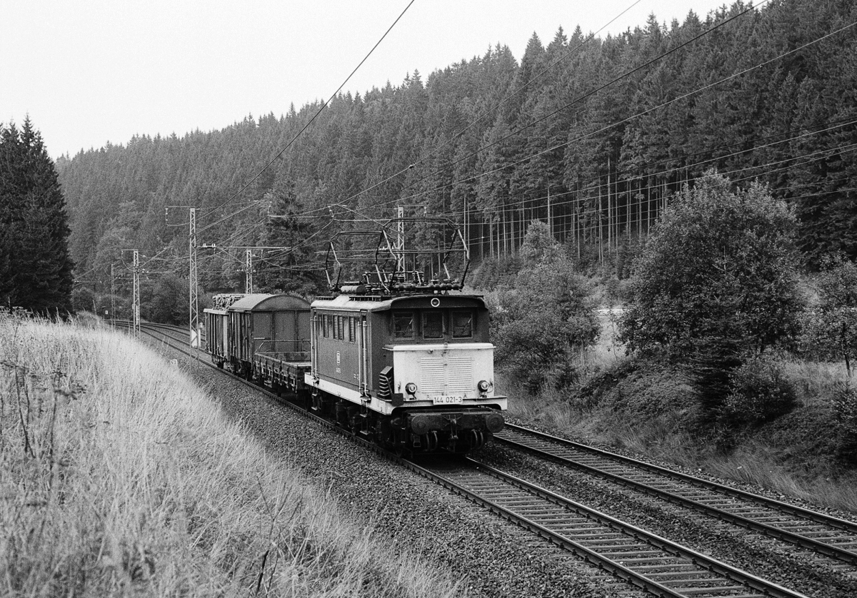 144 021 mit nachmittglichem bergabezug Ludwigsstadt - Pressig-Rothenkirchen bei Steinbach am Wald (August 1983).