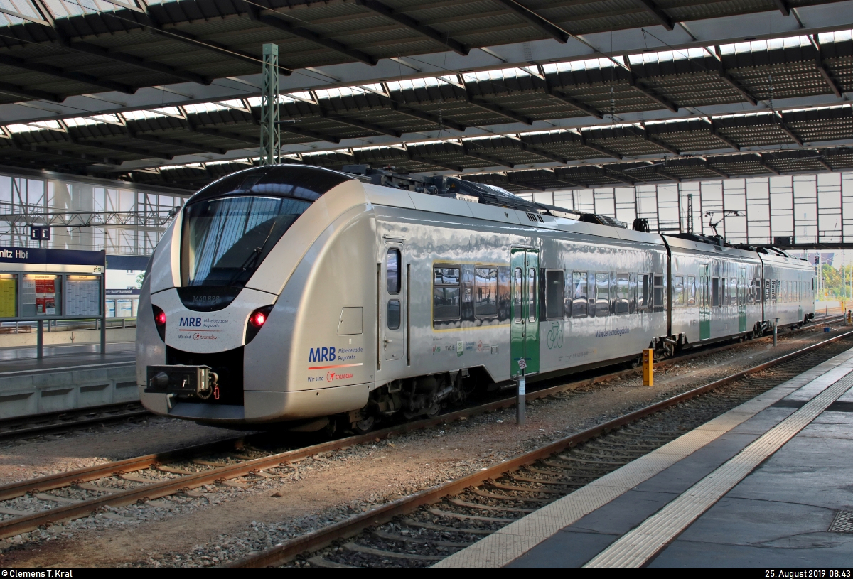 1440 828-0 (Alstom Coradia Continental) von Transdev Regio Ost (Mitteldeutsche Regiobahn | MRB) ist in Chemnitz Hbf zwischen Gleis 6 und 7 vorübergehend abgestellt.
[25.8.2019 | 8:43 Uhr]