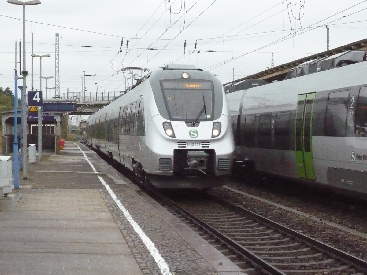 1441 705 der S-Bahn Mitteldeutschland beim Aufenthalt in Falkenberg/Elster am 18.09.2013 während Einweisungsfahrten vor der offiziellen Eröffnung im Dezember 2014. Auf dem Nachbargleis steht der Triebzug 1442 108 zum gleichen Zweck.