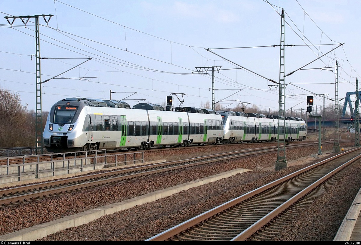 1442 112 und 1442 ??? (Bombardier Talent 2) der S-Bahn Mitteldeutschland (DB Regio Südost) als S 37524 (S5X) von Zwickau(Sachs)Hbf nach Halle(Saale)Hbf erreichen den Hp Leipzig Messe auf der Neubaustrecke Erfurt–Leipzig/Halle (KBS 580). [24.3.2018 | 16:31 Uhr]