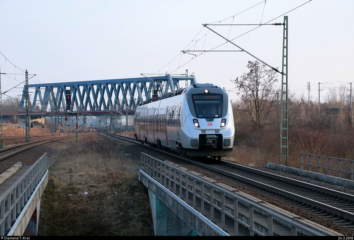 1442 166 (Bombardier Talent 2) der S-Bahn Mitteldeutschland (MDSB II | DB Regio Südost) als S 37256 (S2) von Leipzig-Stötteritz erreicht ihren Endhaltepunkt Leipzig Messe auf der Bahnstrecke Trebnitz–Leipzig (KBS 251). [24.3.2018 | 16:56 Uhr]