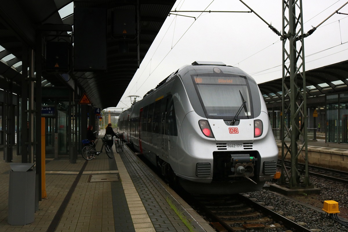 1442 177 (Bombardier Talent 2) von DB Regio Südost als RB 37827 (RB80) nach Bitterfeld steht in ihrem Startbahnhof Lutherstadt Wittenberg Hbf auf Gleis 4. [24.9.2017 | 10:40 Uhr]