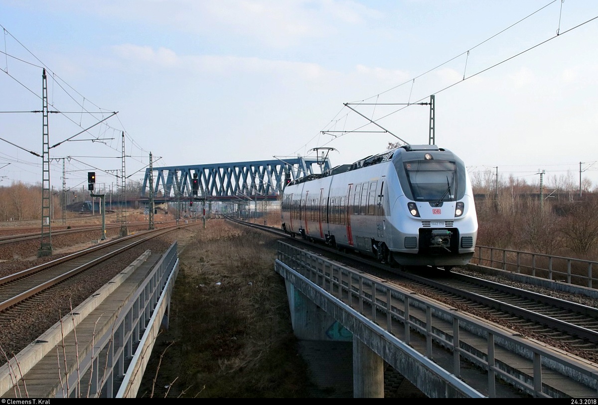 1442 178 (Bombardier Talent 2) der S-Bahn Mitteldeutschland (MDSB II | DB Regio Südost) als S 37254 (S2) von Leipzig-Stötteritz erreicht ihren Endhaltepunkt Leipzig Messe auf der Bahnstrecke Trebnitz–Leipzig (KBS 251). [24.3.2018 | 16:25 Uhr]