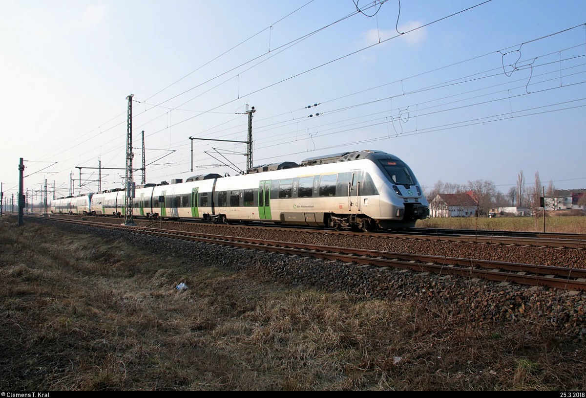 1442 210 und 1442 109 (Bombardier Talent 2) der S-Bahn Mitteldeutschland (DB Regio Südost) als S 37527 (S5X) von Halle(Saale)Hbf Zwickau(Sachs)Hbf fahren in Halle-Kanena auf der Bahnstrecke Magdeburg–Leipzig (KBS 340). [25.3.2018 | 17:18 Uhr]