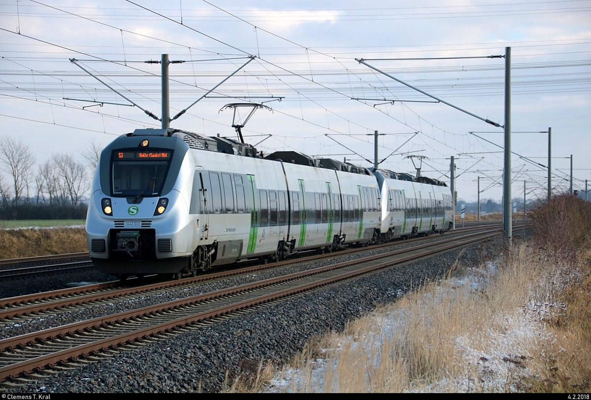 1442 601 und 1442 627 (Bombardier Talent 2) der S-Bahn Mitteldeutschland (DB Regio Südost) als S 37330 (S3) von Leipzig-Connewitz nach Halle(Saale)Hbf fahren bei Benndorf auf der Bahnstrecke Magdeburg–Leipzig (KBS 340). [4.2.2018 | 12:03 Uhr]