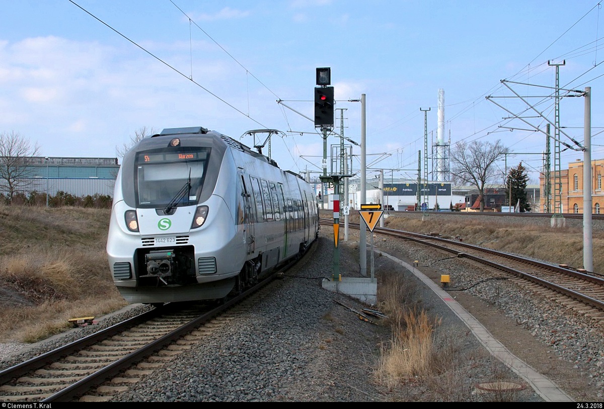 1442 623 (Bombardier Talent 2) der S-Bahn Mitteldeutschland (DB Regio Südost) als S 37445 (S4) von Hoyerswerda nach Wurzen erreicht den Hp Leipzig Nord auf der Bahnstrecke Trebnitz–Leipzig (KBS 251). [24.3.2018 | 16:00 Uhr]