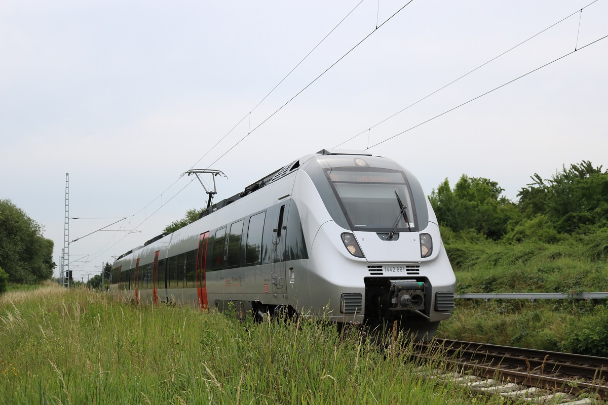 1442 661 (Bombardier Talent 2) von DB Regio Südost als RB 16360 (RB75) von Halle(Saale)Hbf nach Lutherstadt Eisleben in Zscherben auf der Bahnstrecke Halle–Hann. Münden (KBS 590). [27.6.2017 - 11:51 Uhr]