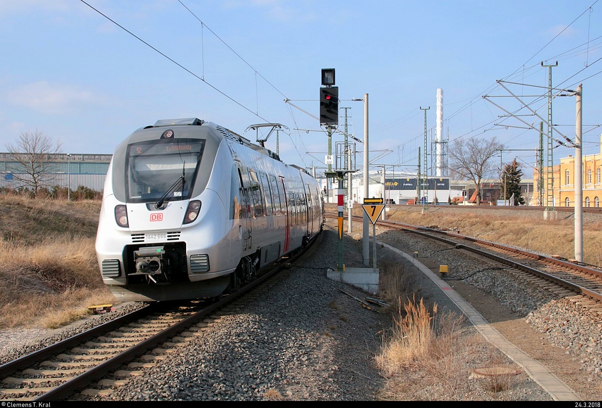 1442 666 (Bombardier Talent 2) der S-Bahn Mitteldeutschland (MDSB II | DB Regio Südost) als S 37251 (S2) von Leipzig Messe nach Leipzig-Stötteritz erreicht den Hp Leipzig Nord auf der Bahnstrecke Trebnitz–Leipzig (KBS 251). [24.3.2018 | 16:10 Uhr]
