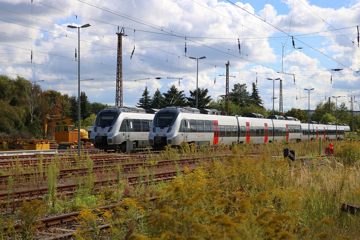 1442 678 und 1442 667 der S-Bahn Mitteldeutschland (MDSB II | DB Regio Südost) sind im Bahnhof Halle-Nietleben abgestellt. Aufgenommen von der Heidestraße. [10.9.2017 | 11:21 Uhr]