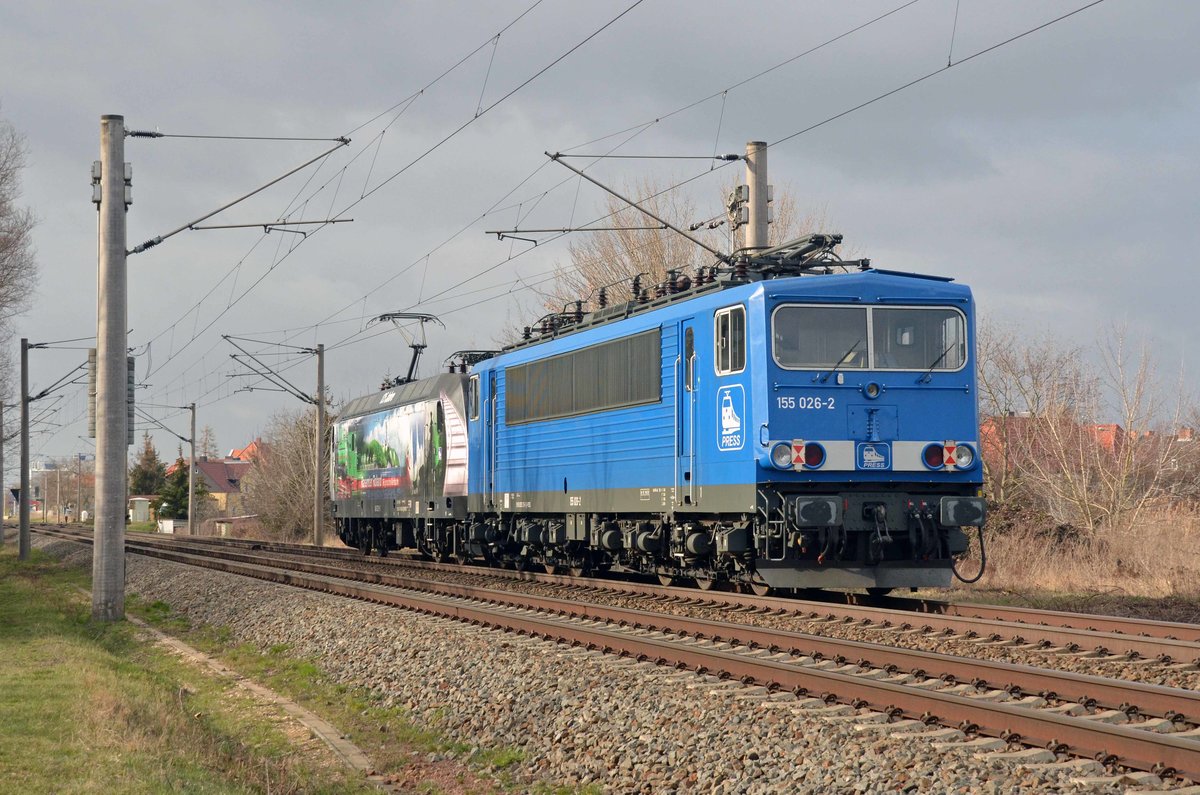 145 023 der Press schleppte am 21.03.21 155 026 durch Greppin Richtung Dessau ins dortige Aw. 