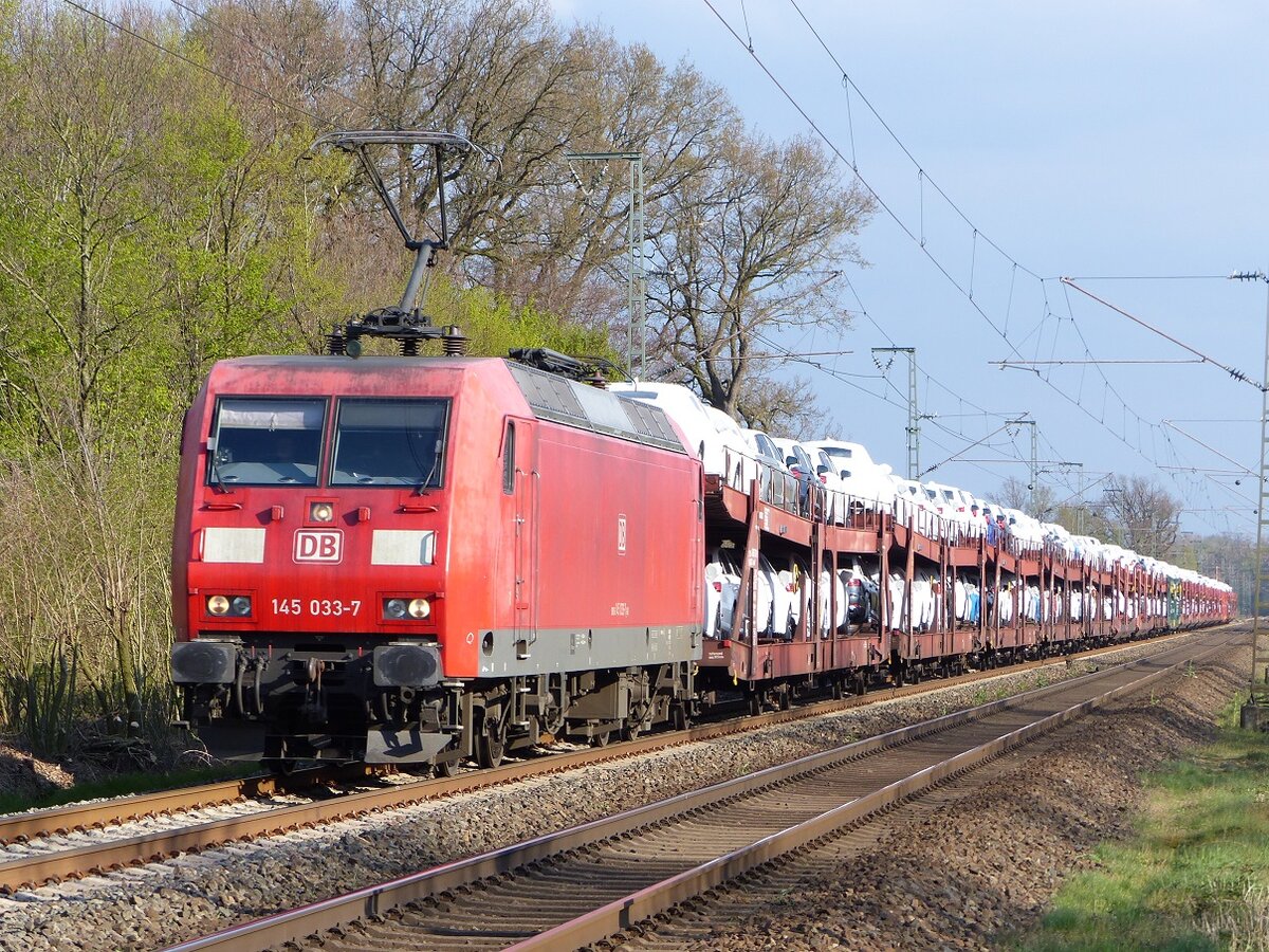 145 033 mit Auto-Ganzzug bei Salzbergen, 11.04.19