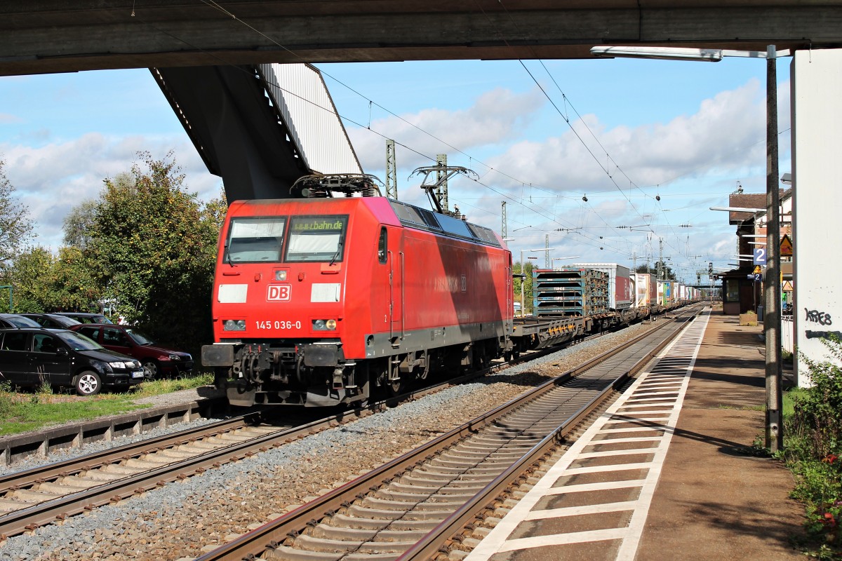 145 036-0  www.bahn.de  am 17.10.2014 mit einem KLV-Zug in Orschweier und fuhr in Richtung Schweiz/Süden.