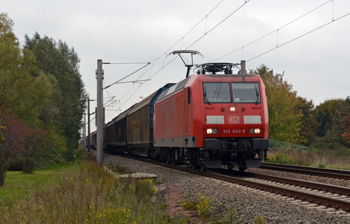 145 046 führte am 13.10.15 einen für das VW-Werk Zwickau-Mosel bestimmten Autologistikzug durch Greppin Richtung Bitterfeld.