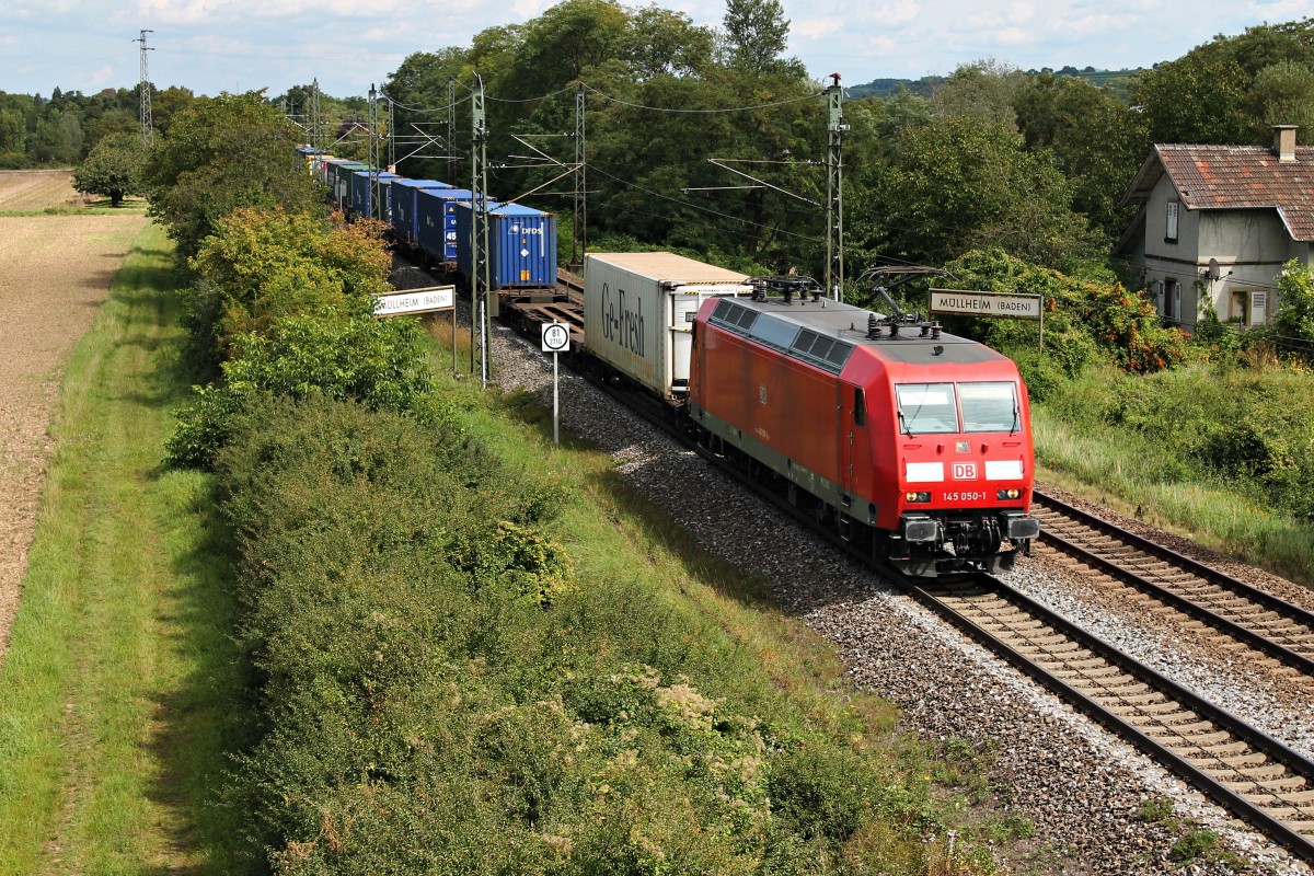 145 050-1  Sonderfahrt  am 22.08.2014 mit einem Containerzug südlich von Müllheim (Baden) auf dem Weg in Richtung Schweiz.