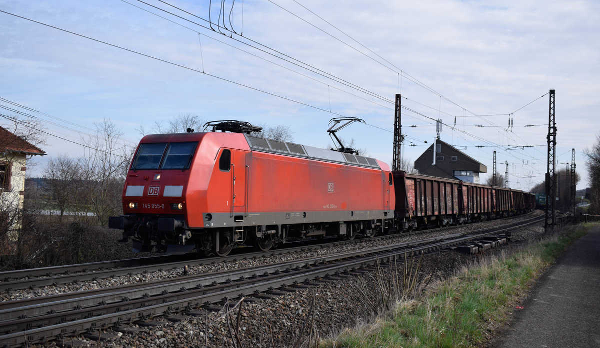 145 055 am 27.03.2018 mit einem EZ in Leutersberg auf dem Weg nach Basel SBB RB.