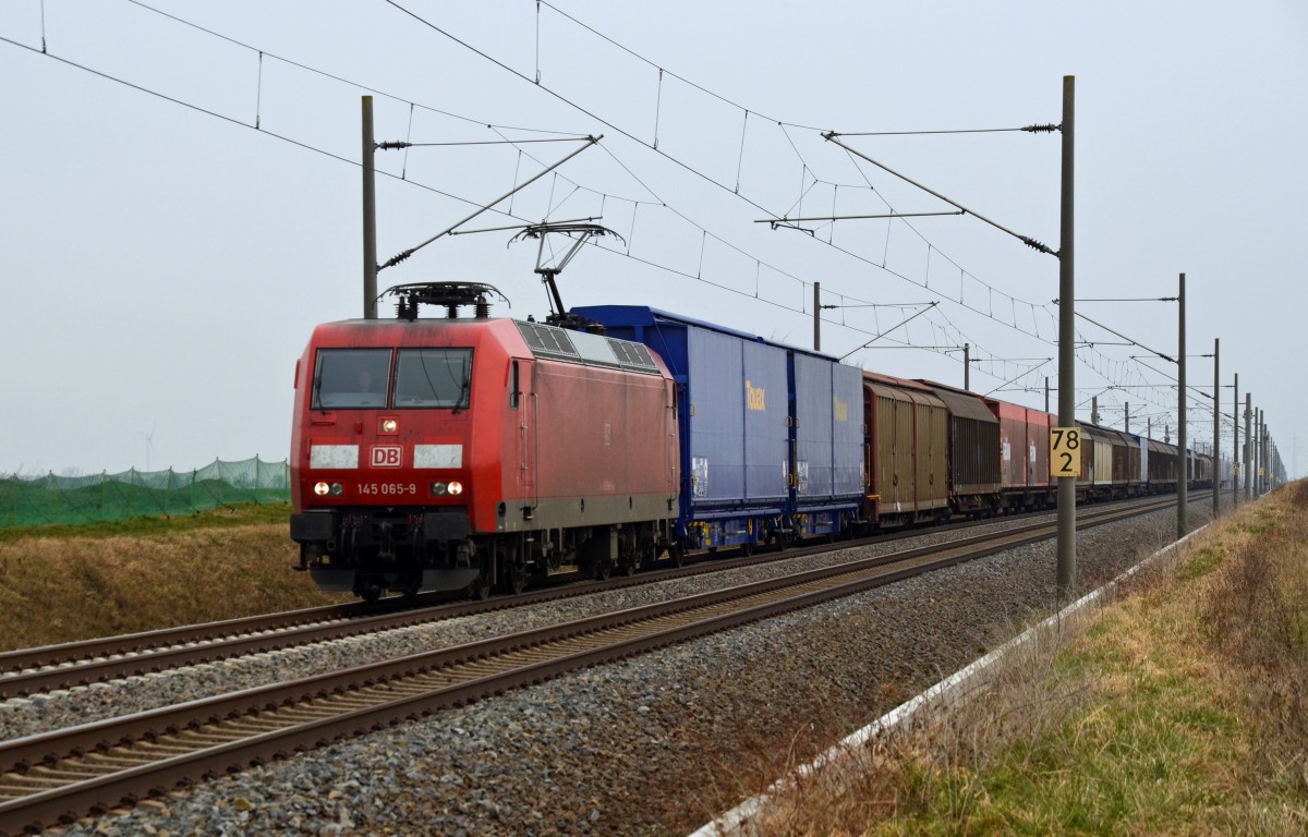145 065 bespannte am 17.02.16 einen Autologistiker aus dem VW-Werk Braunschweig ins VW-Werk Zwickau-Mosel. Hier passiert der Zug auf dem Weg nach Halle(S) Braschwitz.