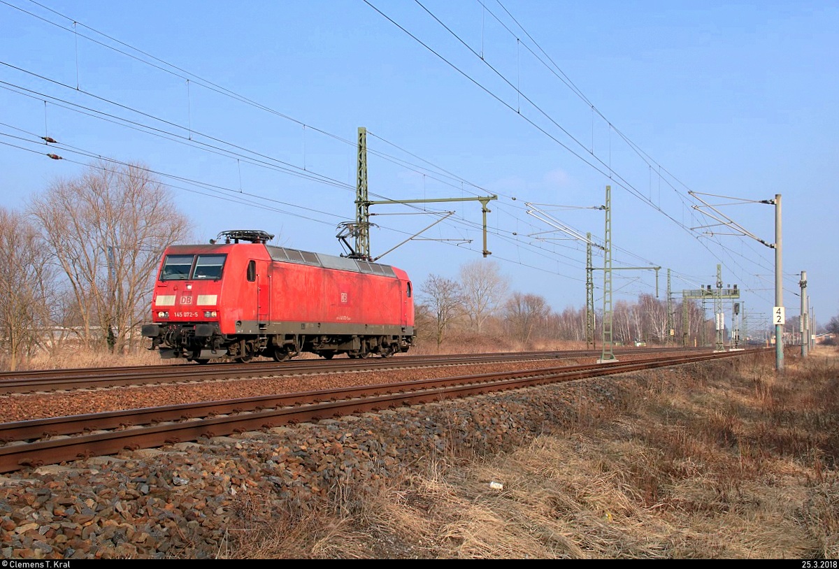 145 072-5 DB als Tfzf fährt in Halle-Kanena auf der Bahnstrecke Magdeburg–Leipzig (KBS 340) Richtung Halle (Saale). [25.3.2018 | 17:10 Uhr]