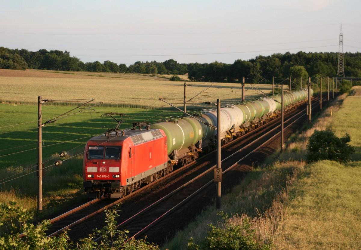 145 079 mit GC 62445 (Wilhelmshaven lweiche–Falkenhagen [Prign]) am 17.06.2014 zwischen Jesteburg und Maschen Rbf