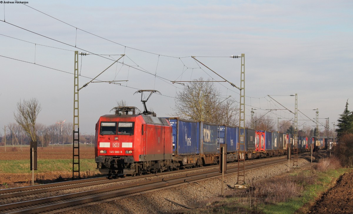 145 080-8 mit dem DGS 99477 (Offenburg Gbf-Basel Bad Rbf) bei Riegel 15.1.14
