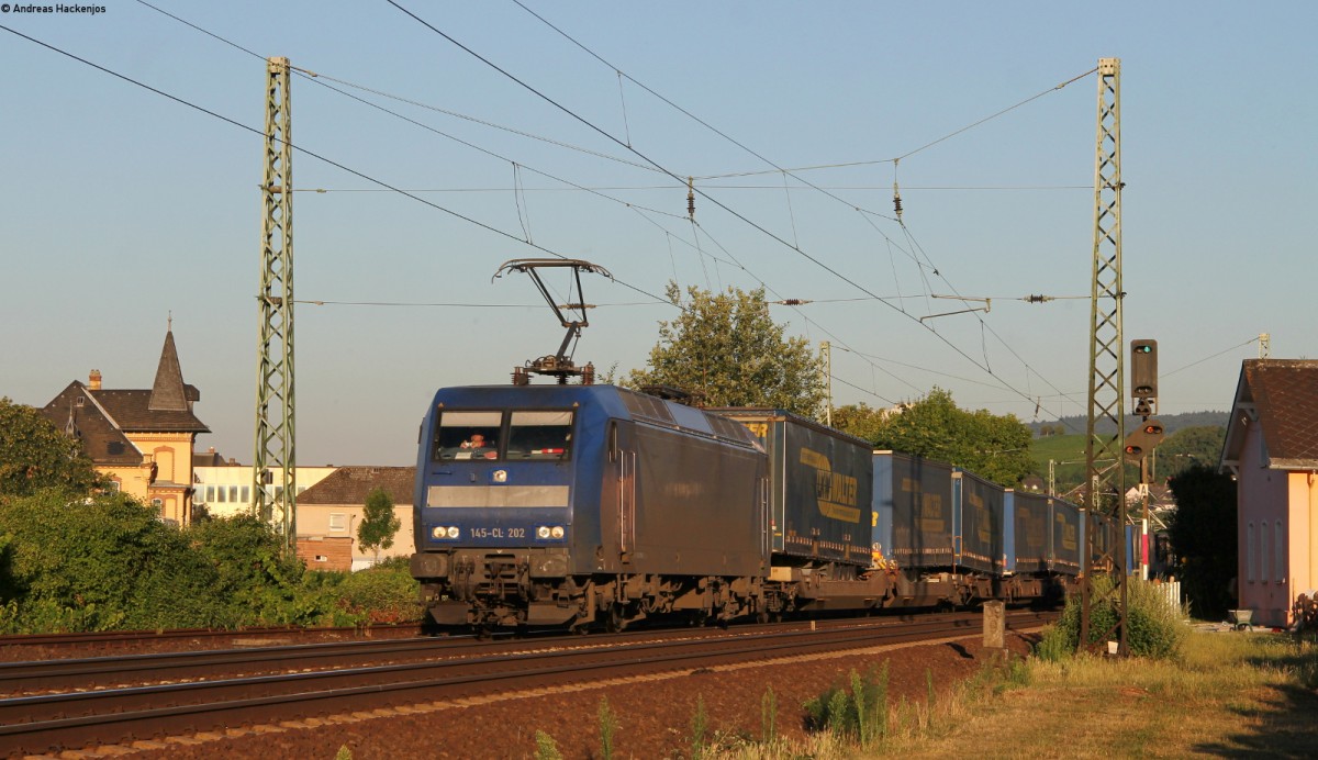 145 098-0 mit einem LKW Walter KV Zug bei Geisenheim 2.8.13