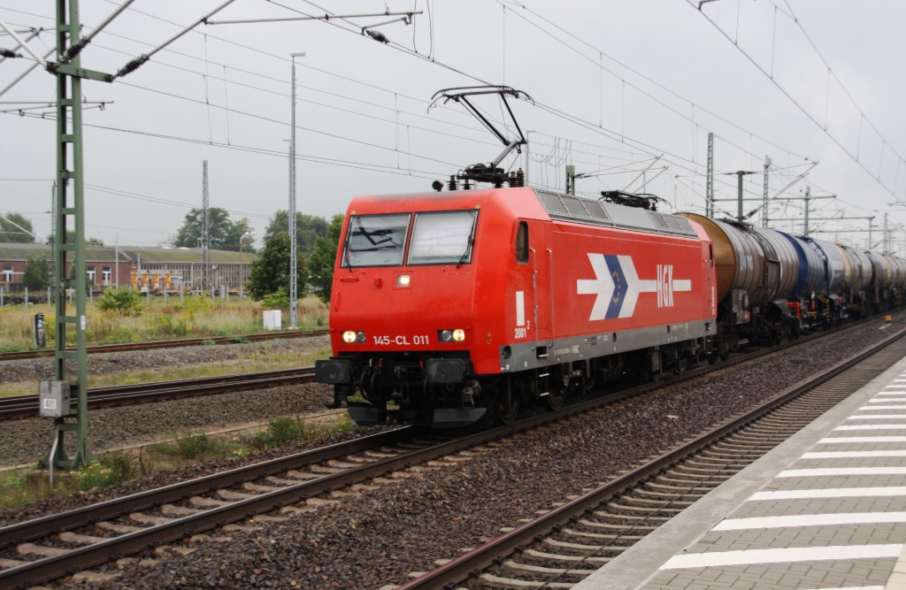 145-CL-011 durchfuhr am 11. September 2013 mit einem Kesselwagenganzzug Wittenberge in Richtung Hamburg