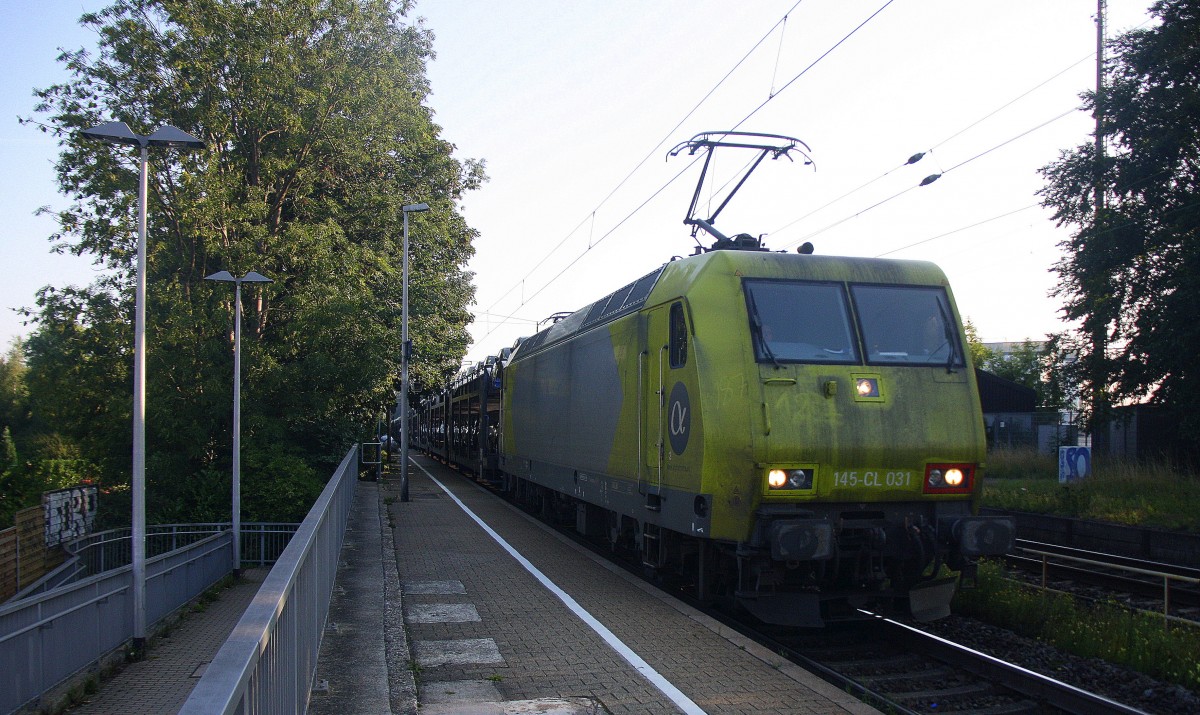 145 CL-031 von Alpha Trains  kommt die Kohlscheider-Rampe hoch aus Richtung Neuss,Herzogenrath mit einem sehr langen Fiat-Autozug aus Tychy(PL) nach Aachen-West und fährt durch Kohlscheid in Richtung Richterich,Laurensberg ,Aachen-West.
Bei Schönem Sonnenschein am Morgen vom 21.8.2015.