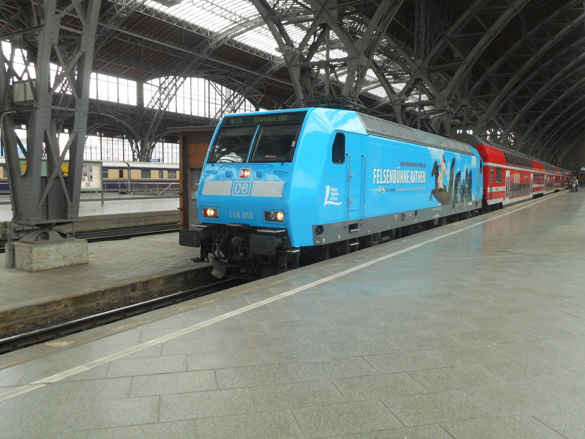 146 013 wartet in Leipzig HBF auf die Abfahrt Richtung Dresden. 
(Aufnahme: 27.03.2016)
