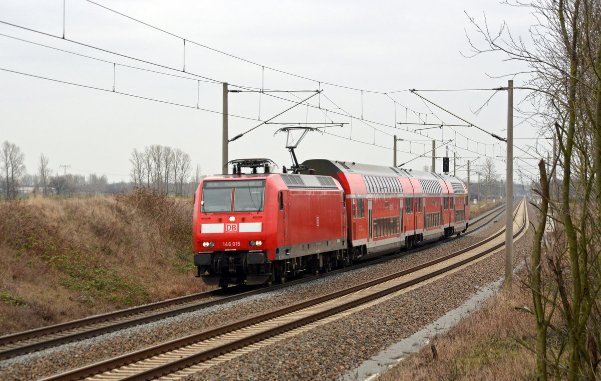 146 015 passiert mit dem RE Halle - Magdeburg am 02.03.19 die Blockstelle Ostermark zwischen Köthen und Wulfen. 
