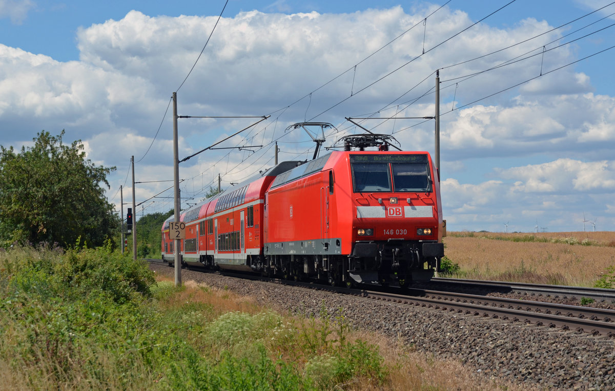 146 030 hat am 27.06.18 bereits den Haltepunkt Niederndodeleben verlassen und ist nun auf dem Weg Richtung Burg(Magdeburg).