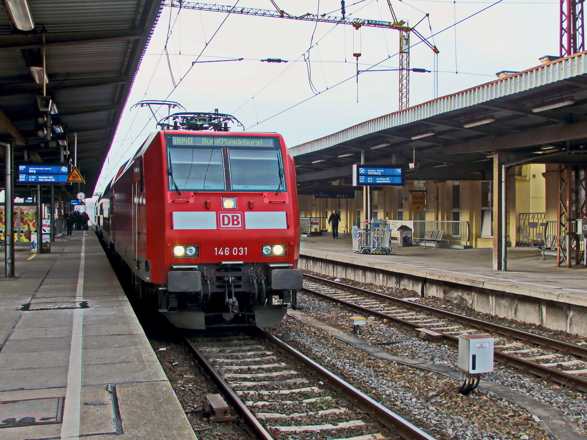 146 031 als RB 40  nach Burg (Magdeburg)  in Magdeburg Hauptbahnhof am 17. Februar 2018.

