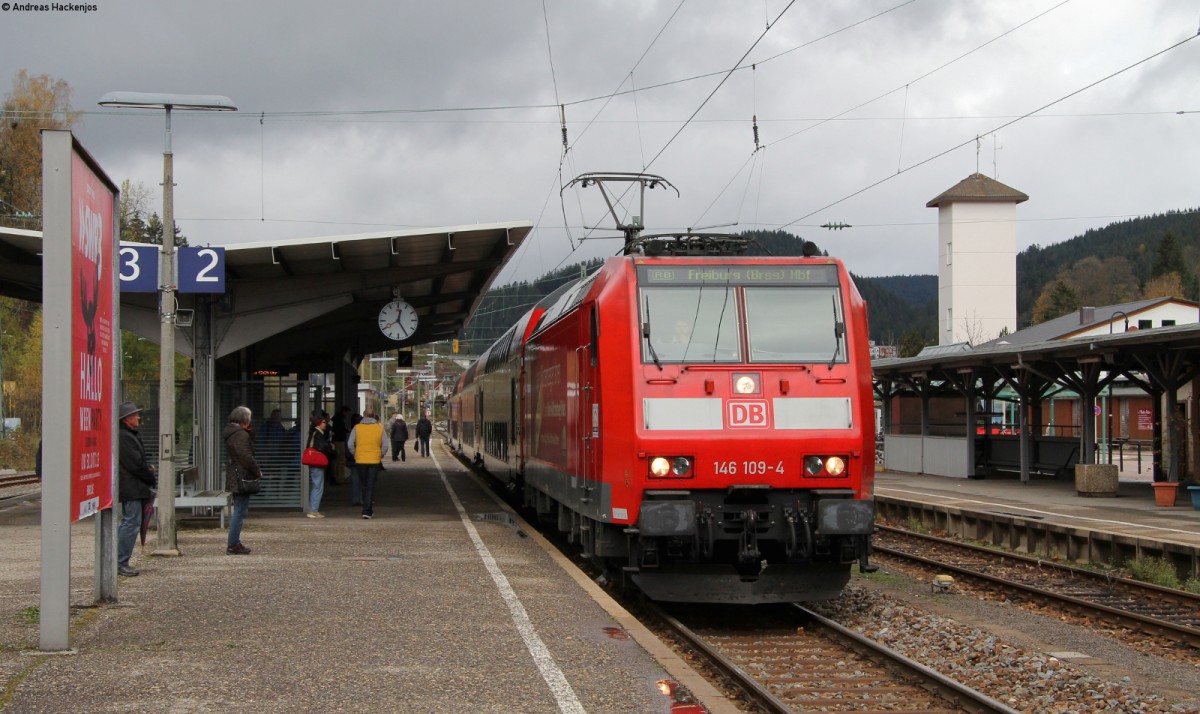 146 109-4  Baden W�rttemberg erfahren  mit der RB 26941 (Freiburg(Brsg) Hbf-Neustadt(Schwarzw)) im Zielbahnhof 3.11.13