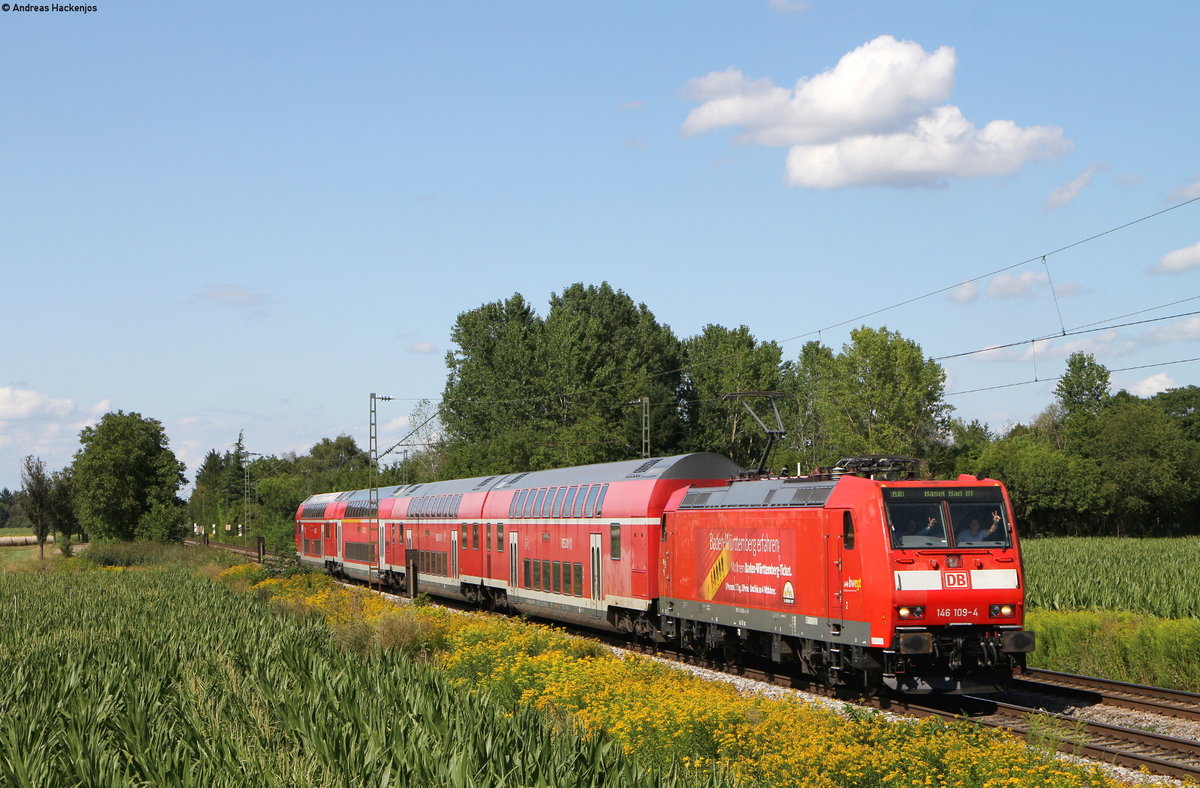 146 109-4 mit der RB 17031 (Offenburg-Basel Bad Bf) bei Riegel 14.8.19