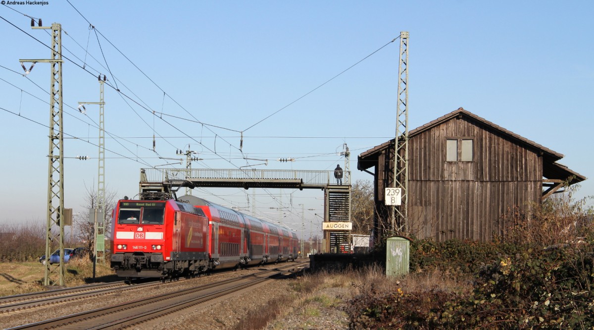 146 111-0 mit dem RE 26515 (Offenburg-Basel Bad Bf) bei Auggen 10.12.13