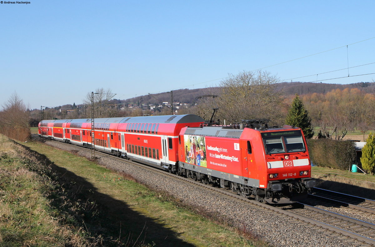 146 112-8  BaWü Ticket  mit der RB 17073 (Offenburg-Neuenburg(Baden)) bei Kollmarsreute 13.2.18