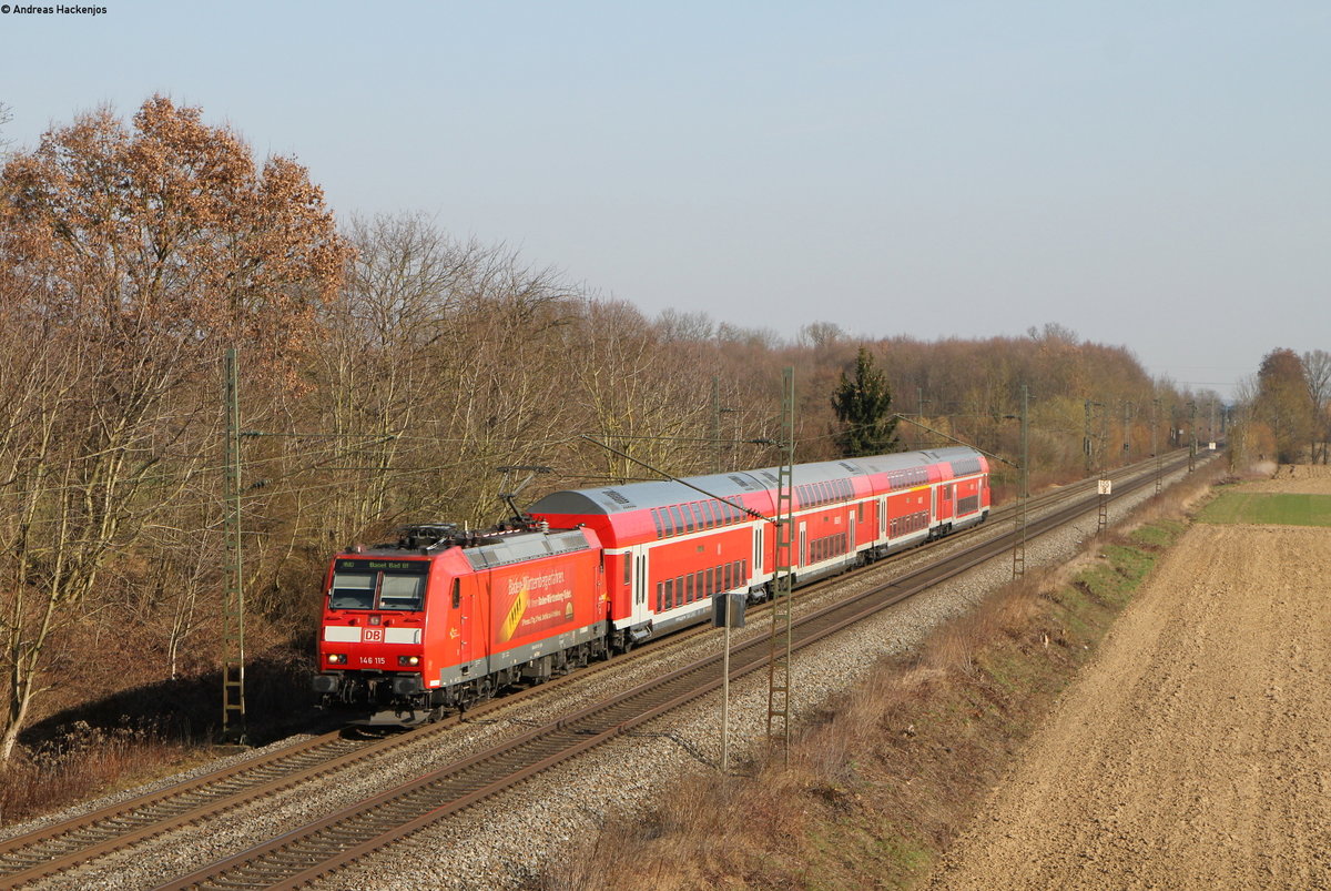 146 115-1 mit dem RE 17021 (Offenburg-Basel Bad Bf) bei Friesenheim 28.2.19