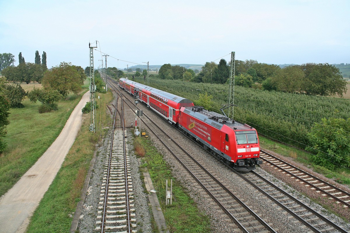 146 115 dem RE 26508 von Basel Bad. Bf nach Offenburg am Mittag des 28.09.13 bei der Ausfahrt aus Mllheim (Baden).