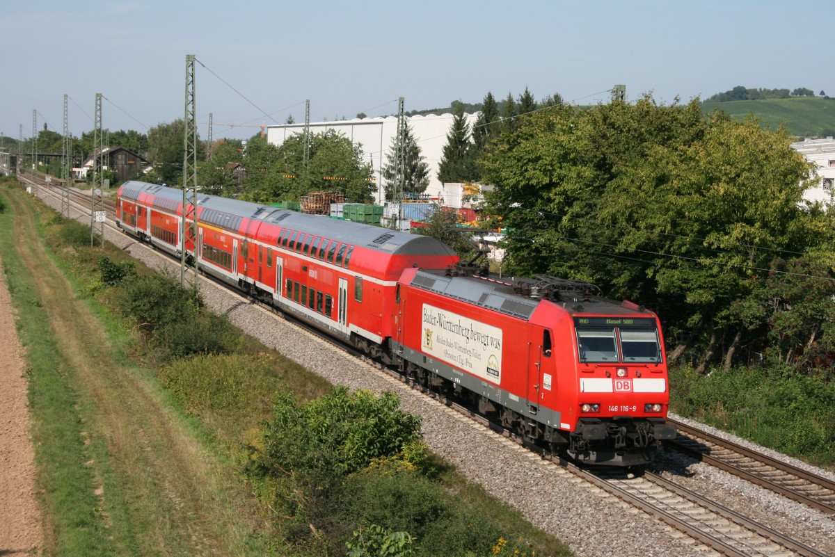 146 116 mit RE 5173 (Offenburg–Basel) am 18.08.2009 in Auggen