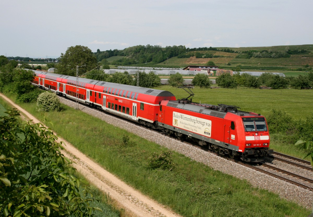 146 116 mit RE 5343 (Offenburg–Basel SBB) am 11.05.2011 zwischen Buggingen und Mllheim (Baden)