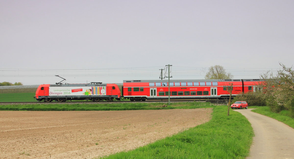 146 202 mit Landesgartenschau-Sonderzug zwischen Öhringen und Bitzfeld am 22.04.2016. 