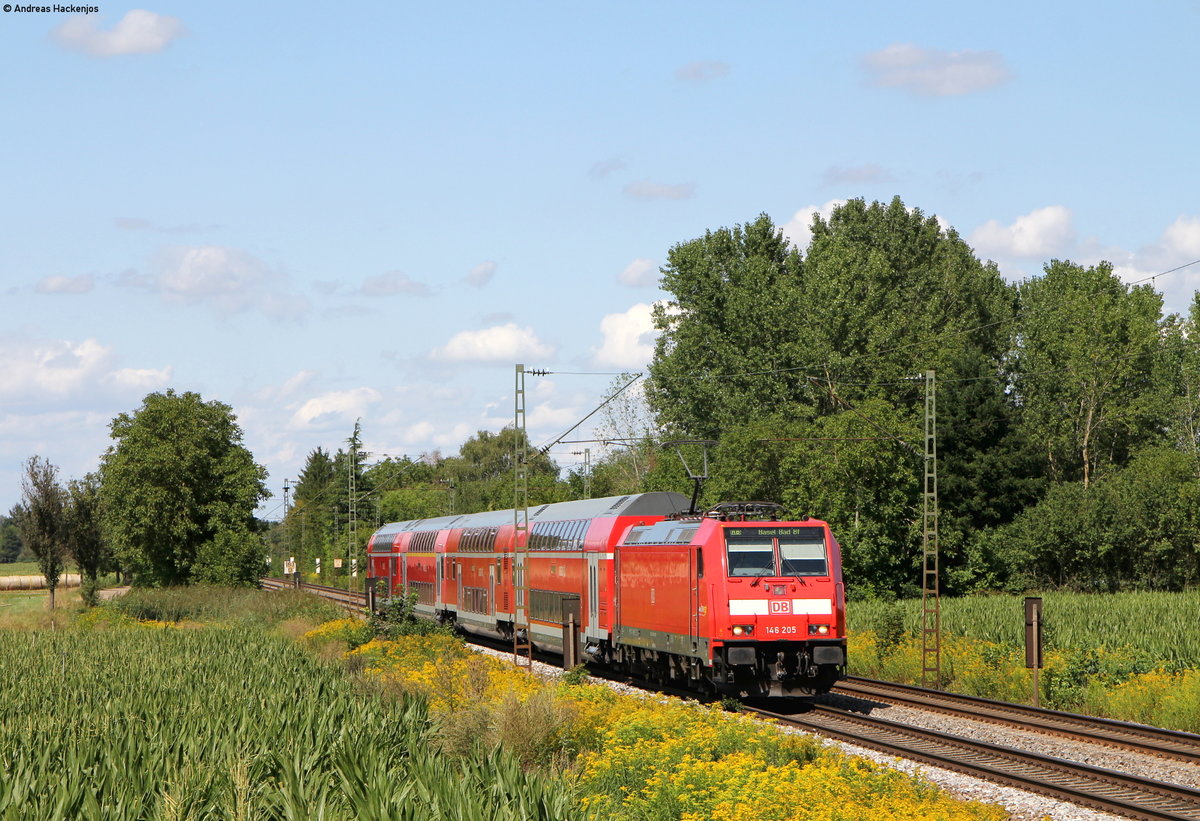 146 205-0 mit der RB 17029 (Offenburg-Basel Bad Bf) bei Riegel 14.8.19