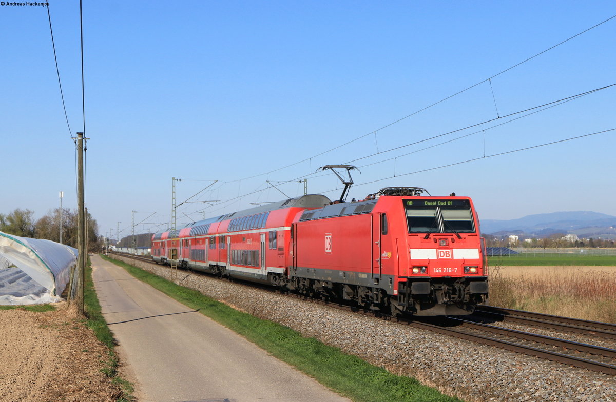 146 216-7 mit der RB 17031 (Offenburg-Basel Bad Bf) bei Niederschopfheim 24.3.20