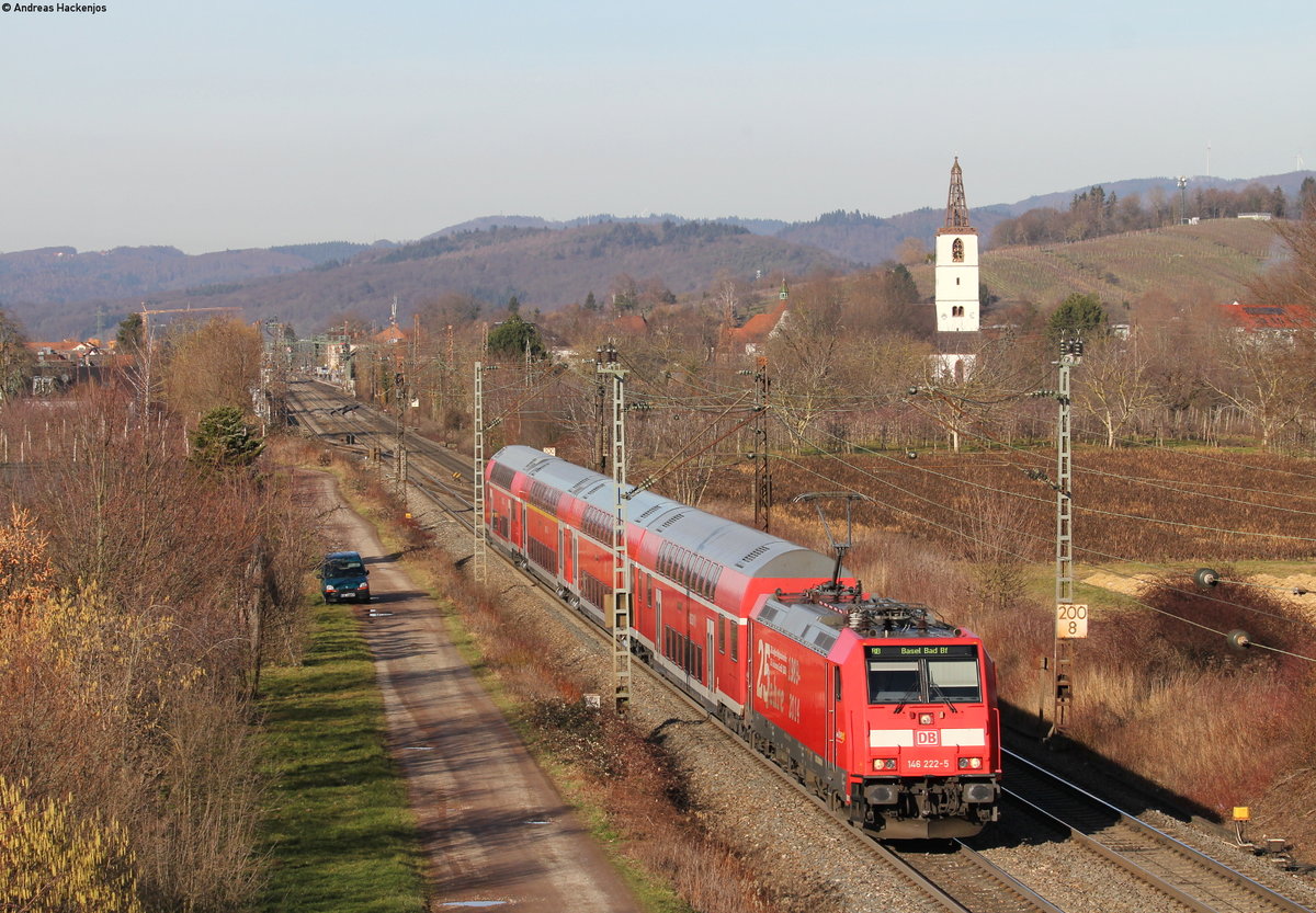 146 222-5   25 Jahre RAB  mit der RB 17029 (Offenburg-Basel Bad Bf) bei Denzlingen 13.2.19