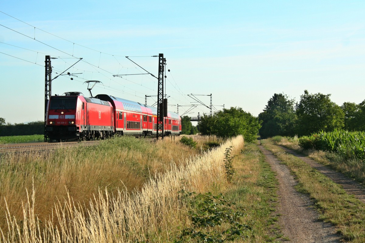 146 228-2 mit einem RE von Offenburg nach Schliengen am Morgen des 03.07.14 westlich des Winzerortes Hgelheim.