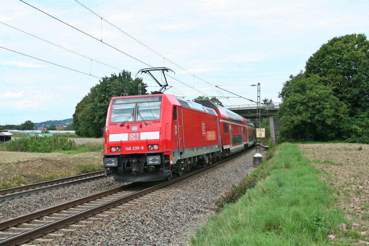 146 230-8 mit einer RB von Neuburg (Baden) ber Offenburg nach Karlsruhe Hbf am Nachmittag des 08.08.14 im Landeanflug auf Kollmarsreute.