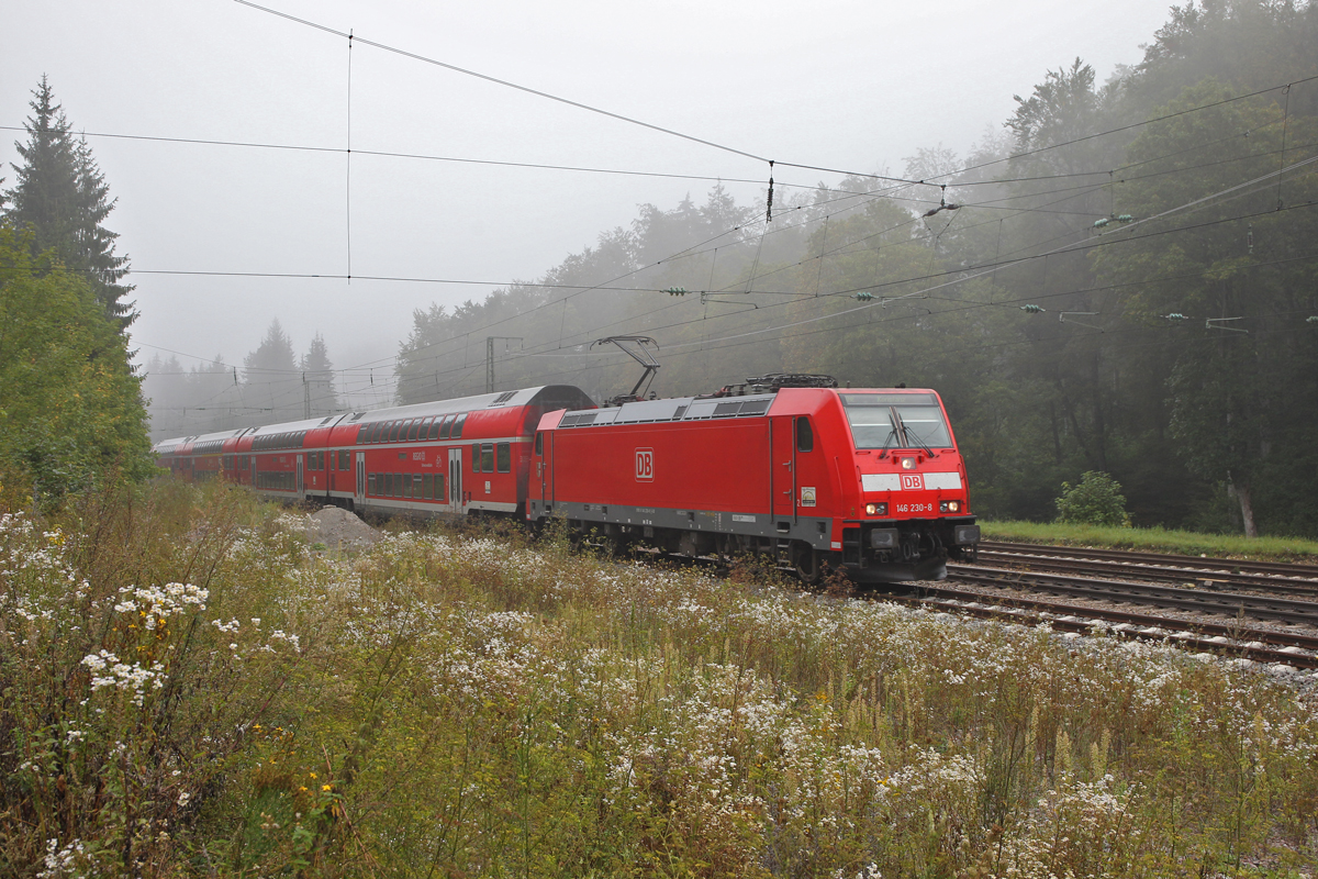 146 230-8 taucht am frühherbstlichen Morgen des 9.9.2014 mit einem IRE nach Konstanz aus dem Nebel auf.