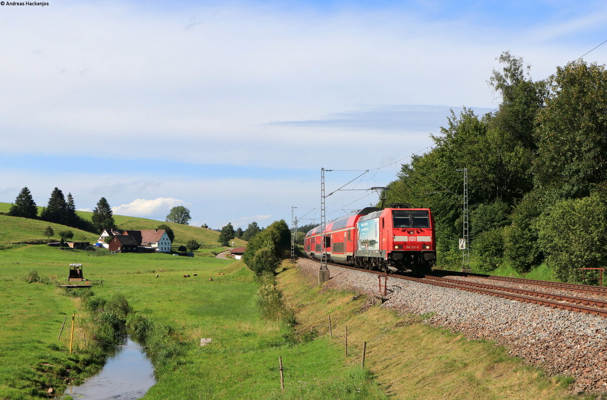 146 231-6  Heimattage Radolfzell  mit dem RE 4731 (Karlsruhe Hbf-Konstanz) bei Stockburg 10.8.21