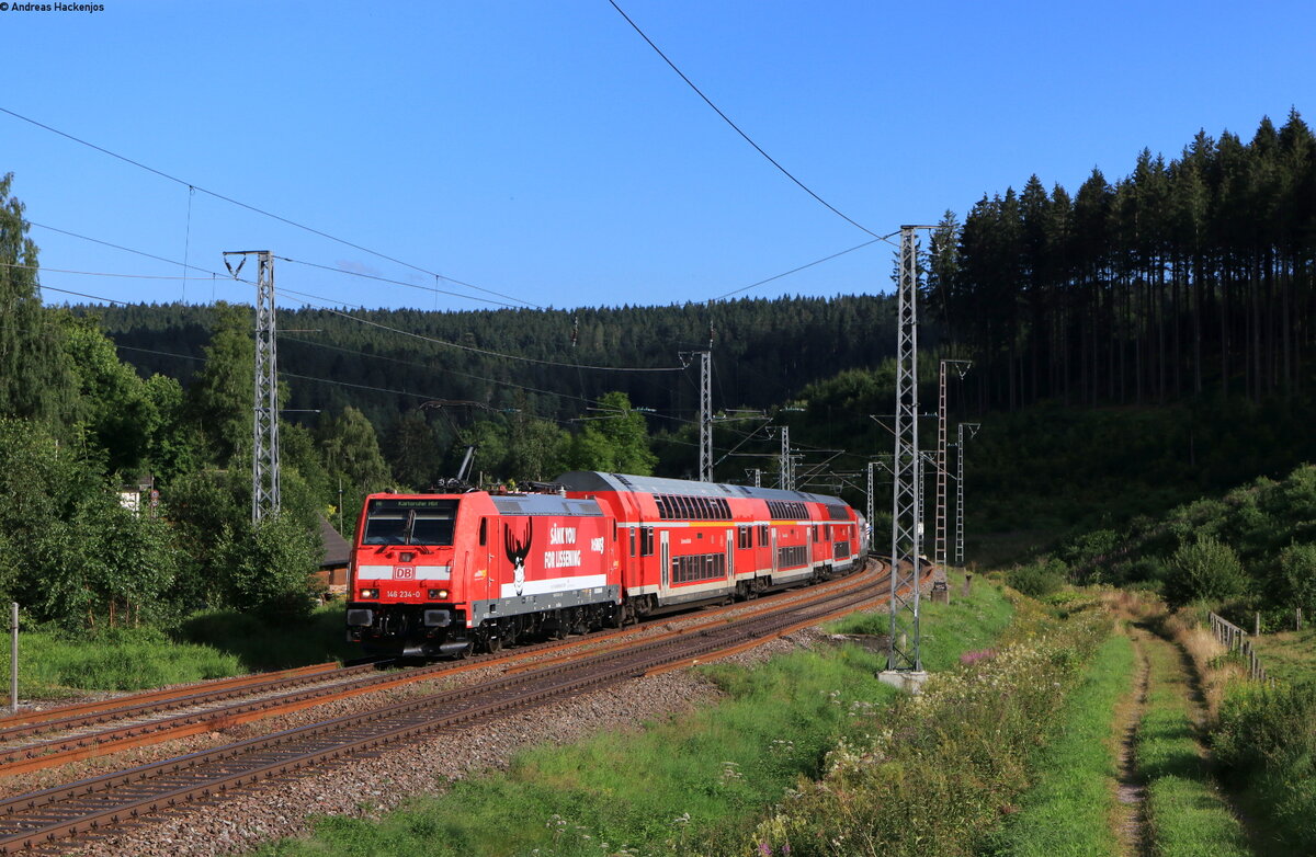 146 234-0  Lokdown  und 146 230-8  750 Jahre Radolfzell  mit dem RE 4734 (Konstanz-Karlsruhe Hbf) bei Sommerau 10.8.21